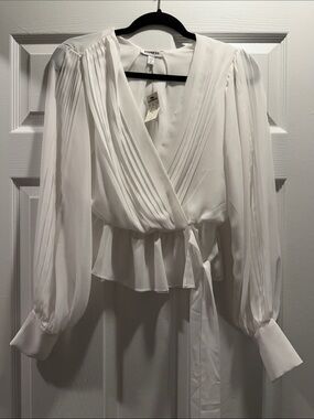 Express White Pleated Wrap Blouse with Tie Waist